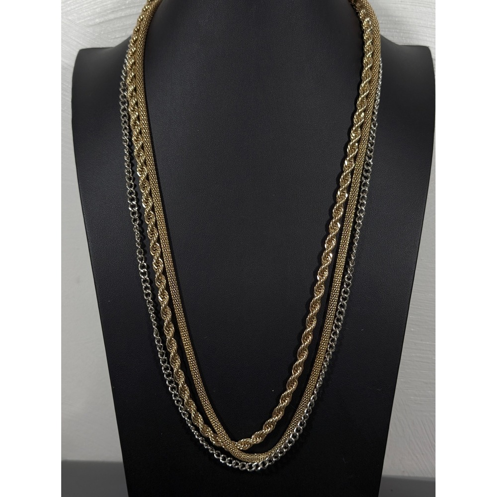 Charming Charlie Triple Chain Necklace Gold Silver Tone Mixed Mesh Rope 30"